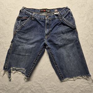 Ariat Blue Jean Cargo Shorts Men 32 Western Fray Cowboy Rugged Workwear Denim